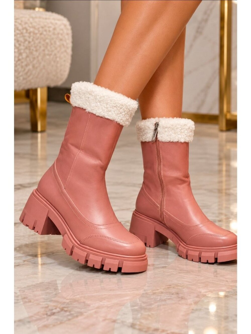 Chunky Sole Faux Leather Mid-Calf Boots With Faux Fur Cuffs & Side Zipper In Blu